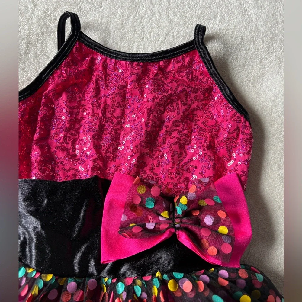 A Curtain Call Pink Polka Dot Party Dance Costume Dress with Sequin Bow, Child M